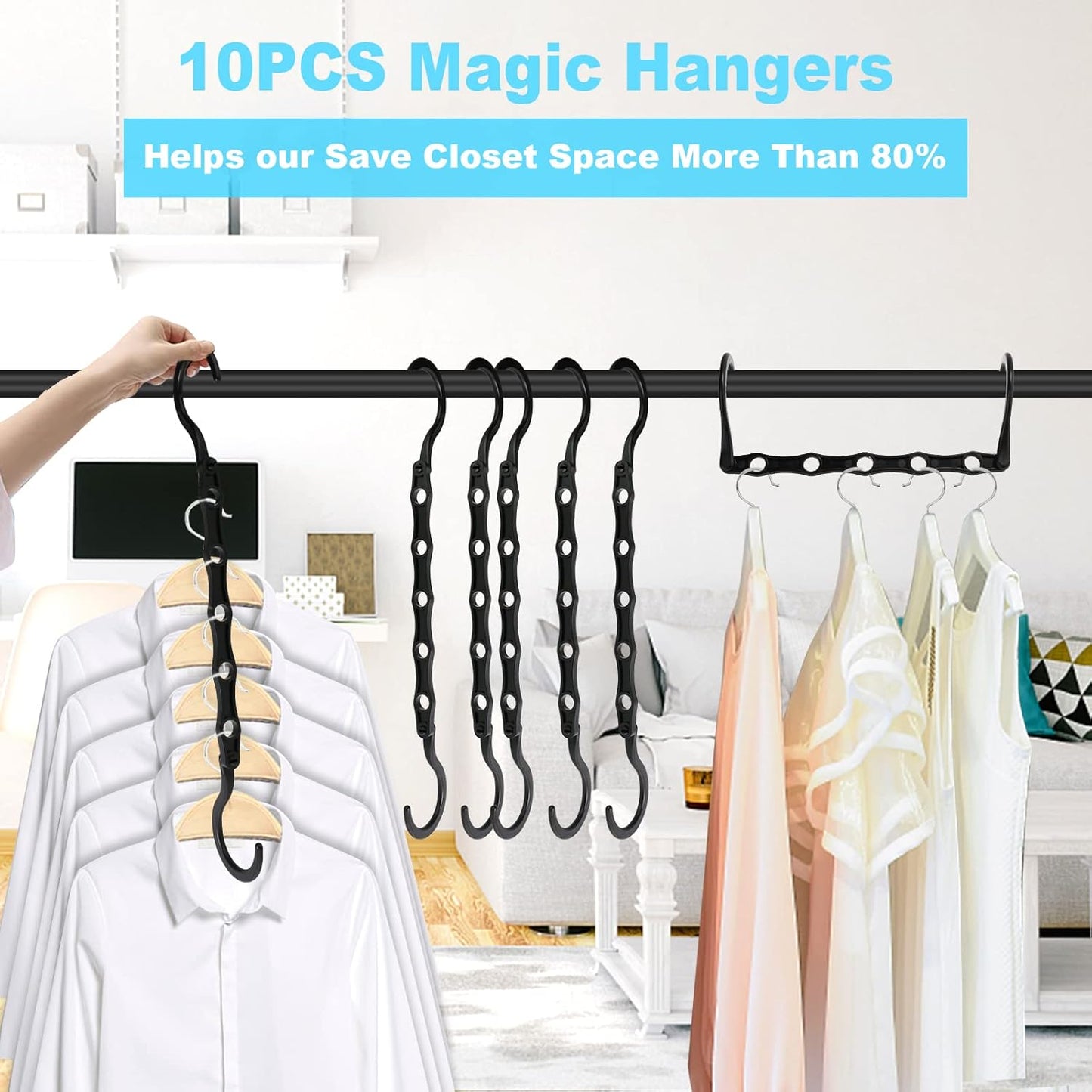 10 PCS Space Saving Hangers, 5-Hole Magic Hangers - Sturdy Plastic Hanger, Closet Organizers for Clothes Storage, College Dorm Essentials, Home Organization (Black)