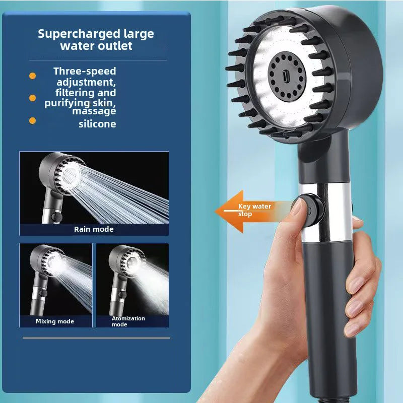 High-Pressure Adjustable Shower Head with 3 Spray Modes and Massage Brush - Rainfall Faucet for Bathroom Use