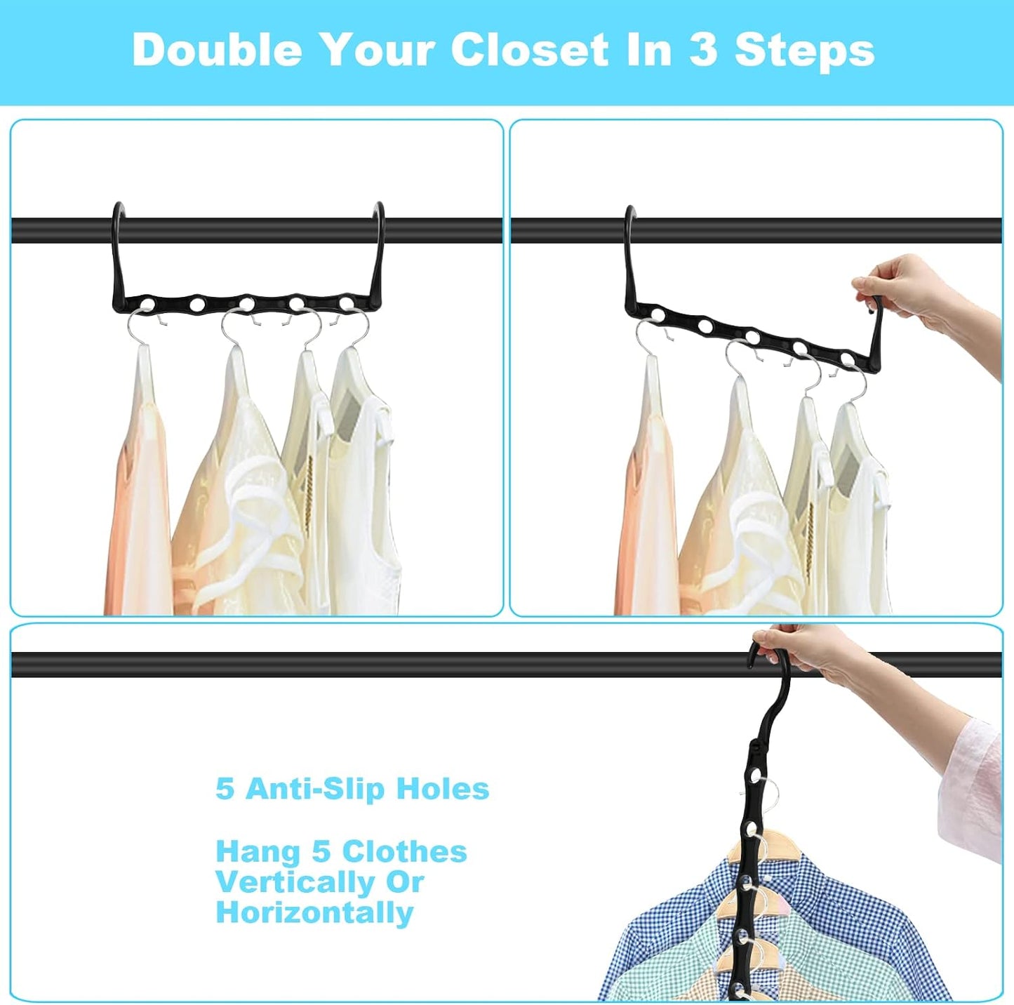 10 PCS Space Saving Hangers, 5-Hole Magic Hangers - Sturdy Plastic Hanger, Closet Organizers for Clothes Storage, College Dorm Essentials, Home Organization (Black)