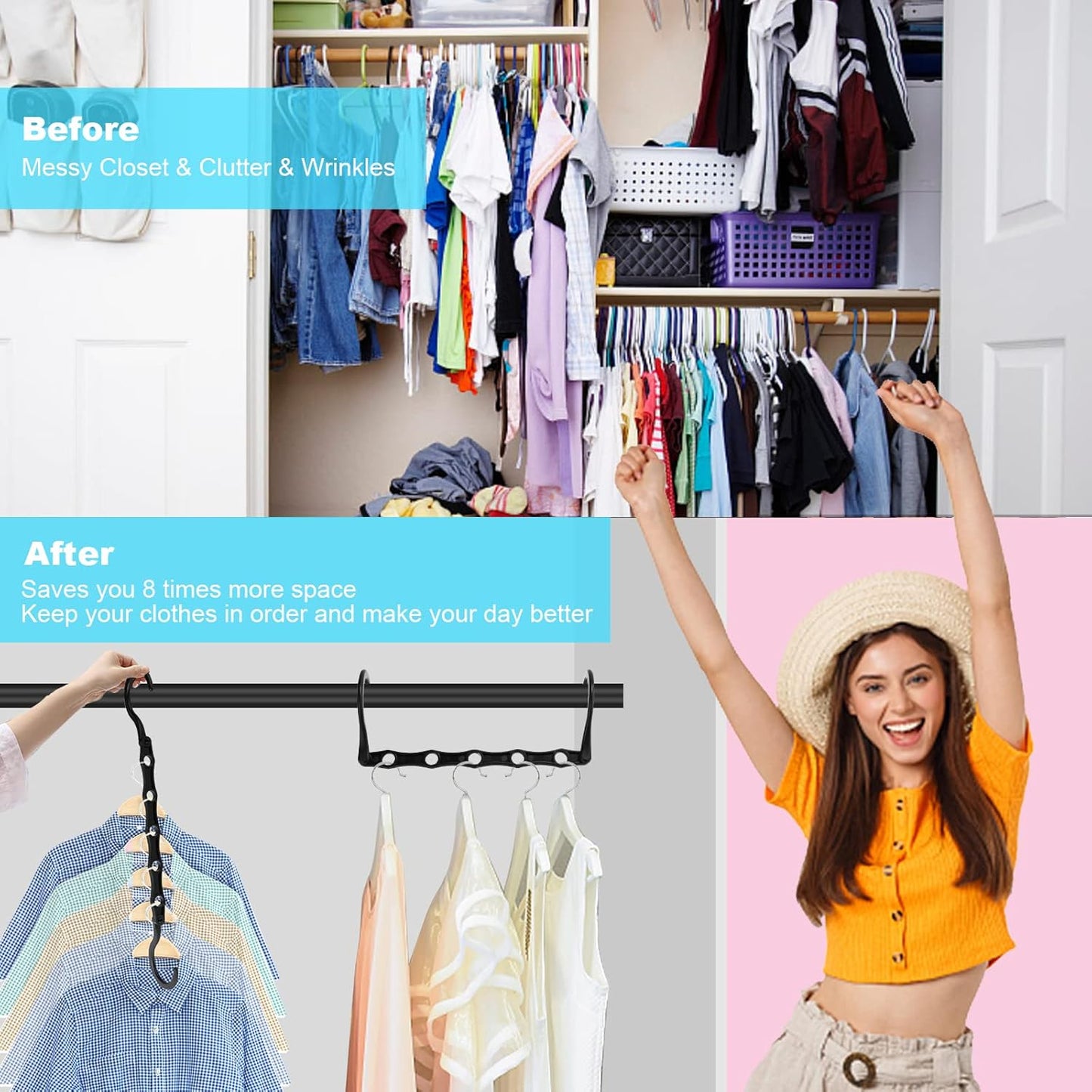 10 PCS Space Saving Hangers, 5-Hole Magic Hangers - Sturdy Plastic Hanger, Closet Organizers for Clothes Storage, College Dorm Essentials, Home Organization (Black)