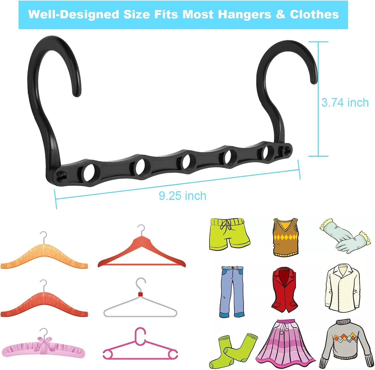 10 PCS Space Saving Hangers, 5-Hole Magic Hangers - Sturdy Plastic Hanger, Closet Organizers for Clothes Storage, College Dorm Essentials, Home Organization (Black)
