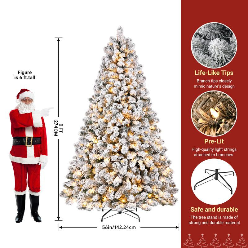 Transform Your Holiday Decor with Our Stunning Pre-Lit Snow Flocked Christmas Tree – Available in 4 to 9 Feet with Warm White Lights and Easy Foldable Stand!