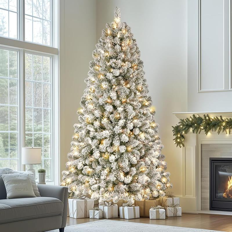 Transform Your Holiday Decor with Our Stunning Pre-Lit Snow Flocked Christmas Tree – Available in 4 to 9 Feet with Warm White Lights and Easy Foldable Stand!