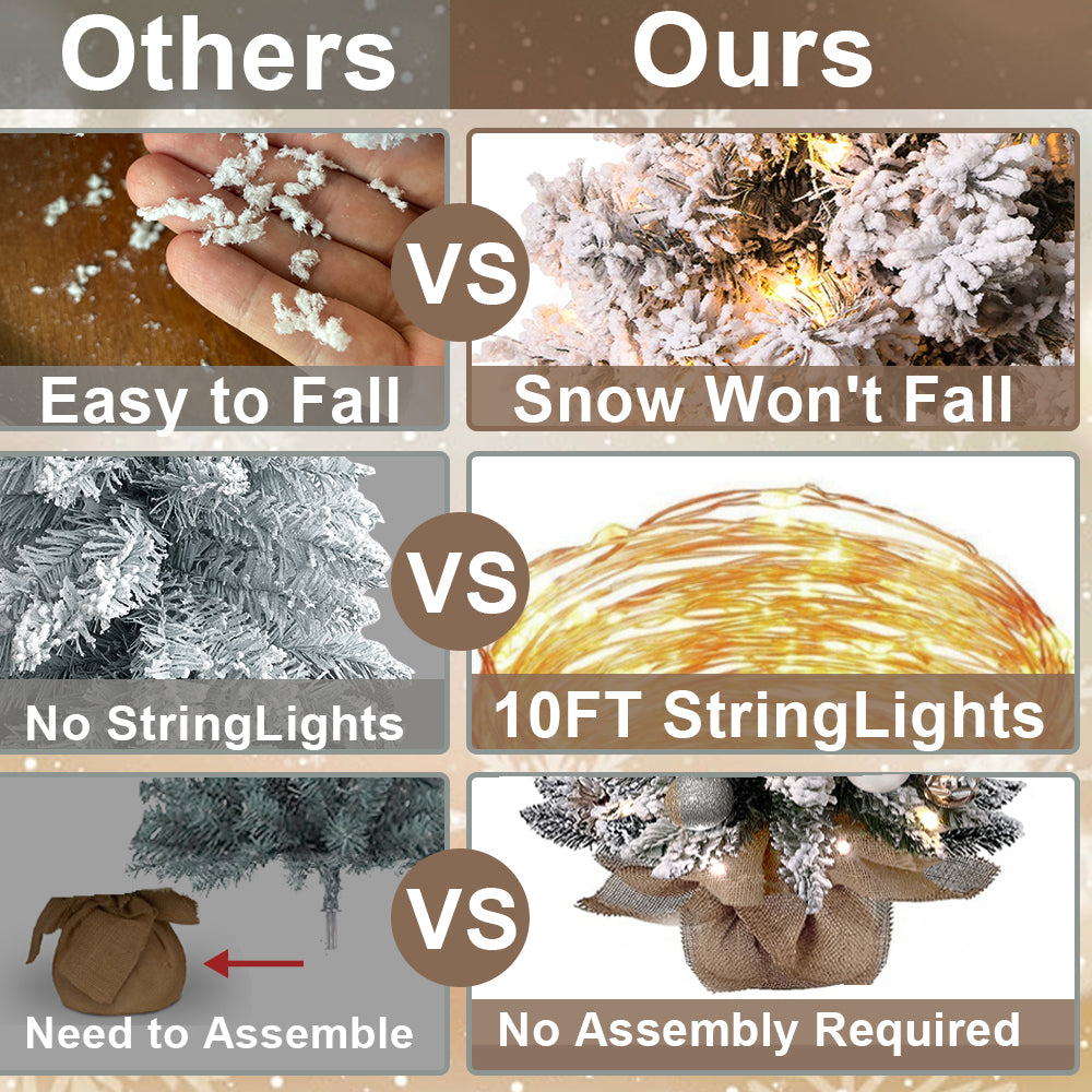 Charming 2-Foot Mini Christmas Tree with Lights - Elegant Flocked Snow and Ornaments for Festive Home and Office Decor