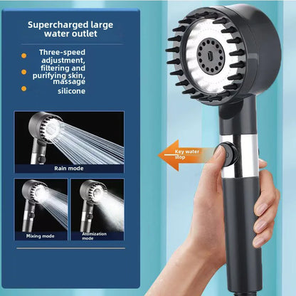 High-Pressure Adjustable Shower Head with 3 Spray Modes and Massage Brush - Rainfall Faucet for Bathroom Use