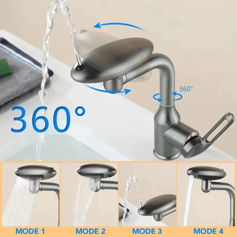 Multi-Functional Waterfall Basin Faucet with Four Water Outlet Modes, 360° Rotation, Hot and Cold Water Sink Mixer Tap for Bathroom