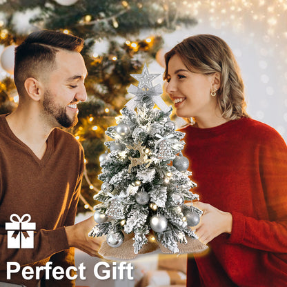 Charming 2-Foot Mini Christmas Tree with Lights - Elegant Flocked Snow and Ornaments for Festive Home and Office Decor