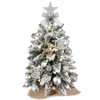 Charming 2-Foot Mini Christmas Tree with Lights - Elegant Flocked Snow and Ornaments for Festive Home and Office Decor