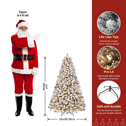 Transform Your Holiday Decor with Our Stunning Pre-Lit Snow Flocked Christmas Tree – Available in 4 to 9 Feet with Warm White Lights and Easy Foldable Stand!