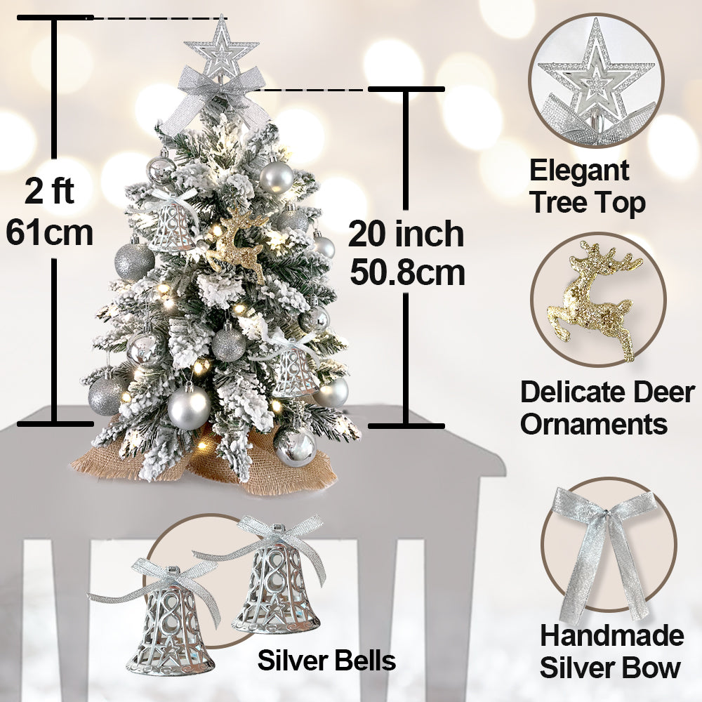 Charming 2-Foot Mini Christmas Tree with Lights - Elegant Flocked Snow and Ornaments for Festive Home and Office Decor