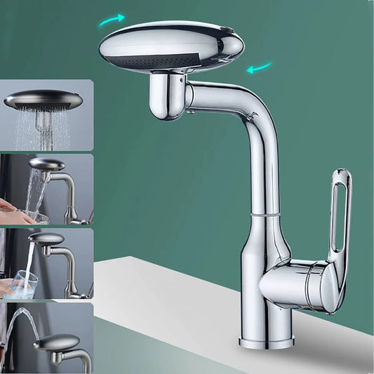Multi-Functional Waterfall Basin Faucet with Four Water Outlet Modes, 360° Rotation, Hot and Cold Water Sink Mixer Tap for Bathroom