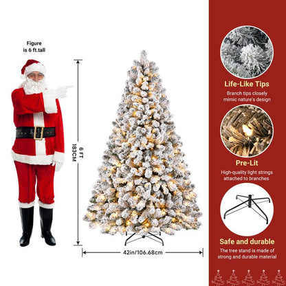 Transform Your Holiday Decor with Our Stunning Pre-Lit Snow Flocked Christmas Tree – Available in 4 to 9 Feet with Warm White Lights and Easy Foldable Stand!