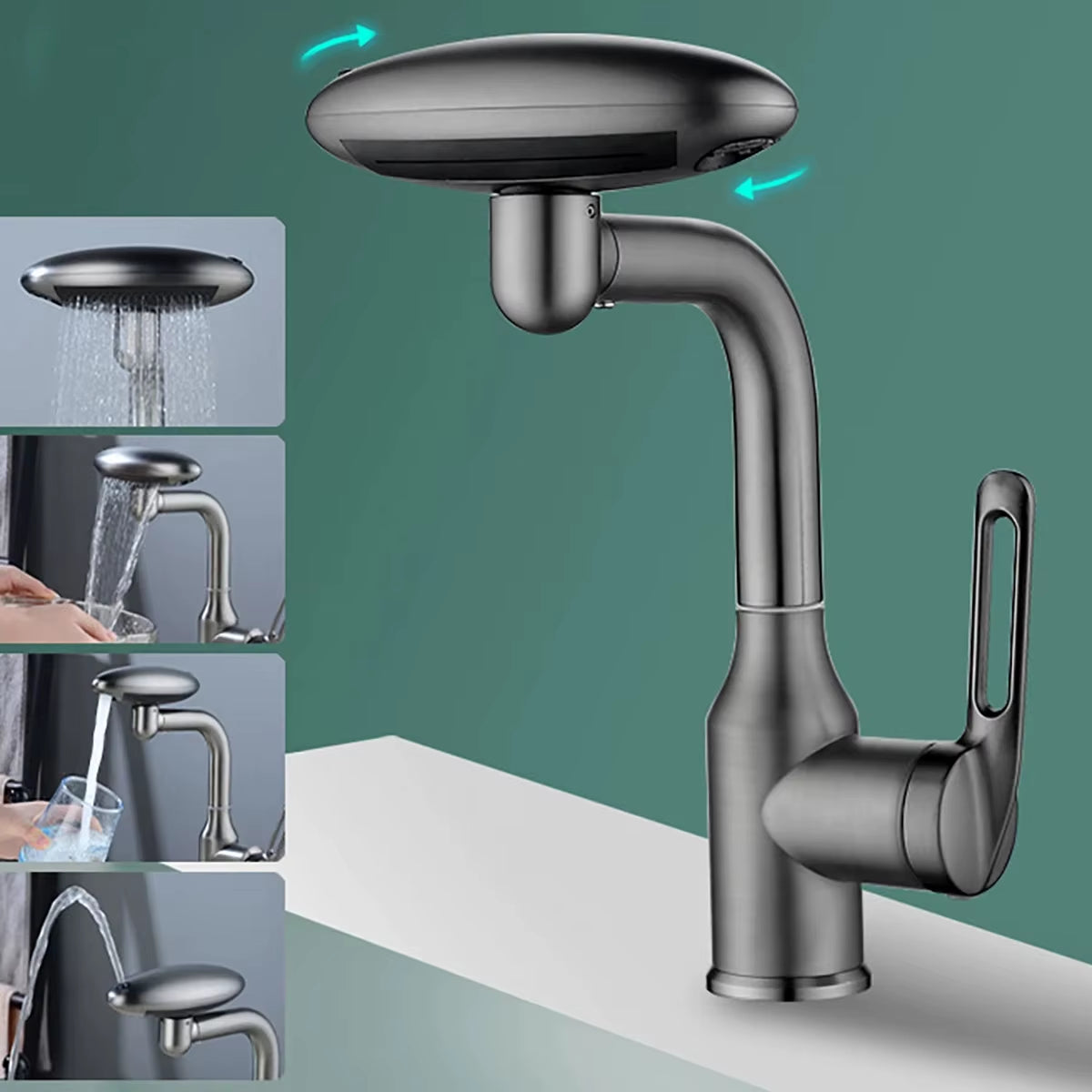 Multi-Functional Waterfall Basin Faucet with Four Water Outlet Modes, 360° Rotation, Hot and Cold Water Sink Mixer Tap for Bathroom