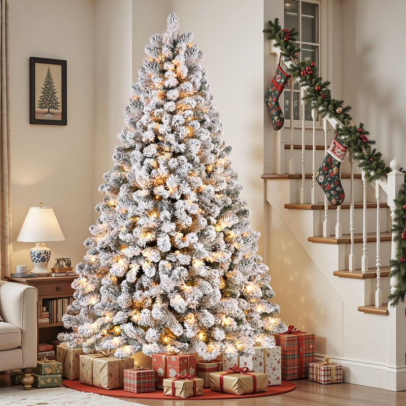 Transform Your Holiday Decor with Our Stunning Pre-Lit Snow Flocked Christmas Tree – Available in 4 to 9 Feet with Warm White Lights and Easy Foldable Stand!