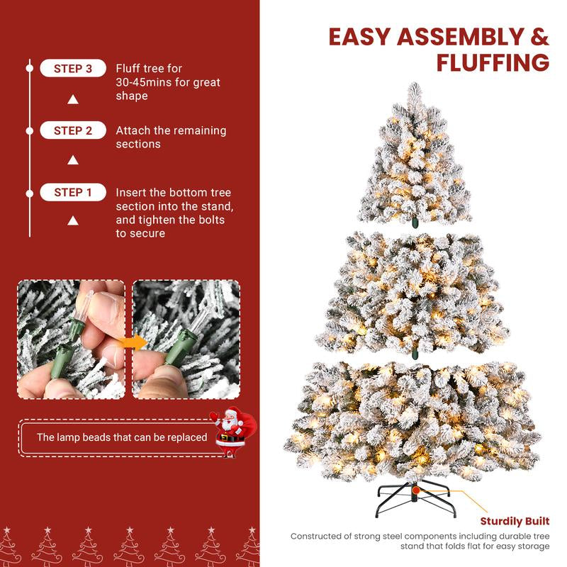 Transform Your Holiday Decor with Our Stunning Pre-Lit Snow Flocked Christmas Tree – Available in 4 to 9 Feet with Warm White Lights and Easy Foldable Stand!