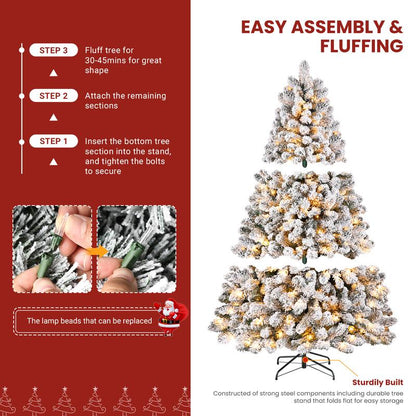 Transform Your Holiday Decor with Our Stunning Pre-Lit Snow Flocked Christmas Tree – Available in 4 to 9 Feet with Warm White Lights and Easy Foldable Stand!