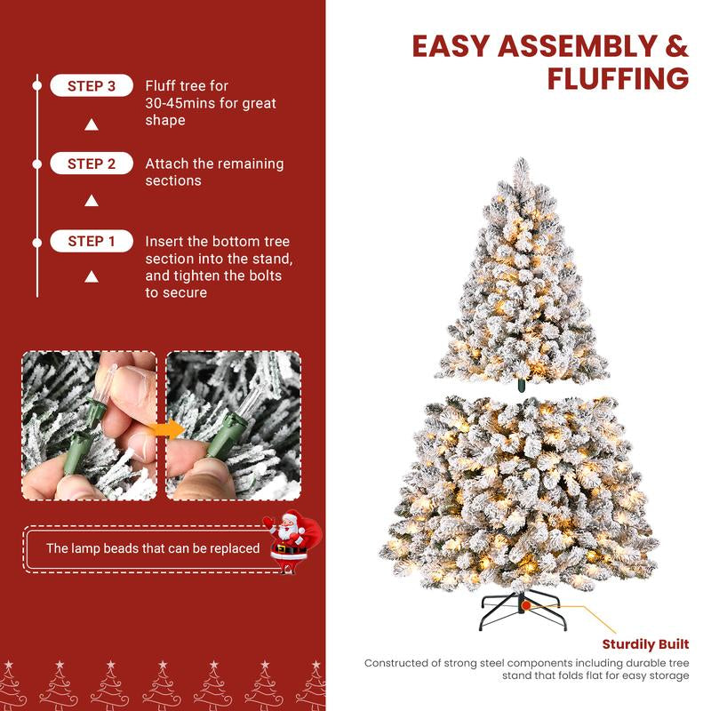 Transform Your Holiday Decor with Our Stunning Pre-Lit Snow Flocked Christmas Tree – Available in 4 to 9 Feet with Warm White Lights and Easy Foldable Stand!