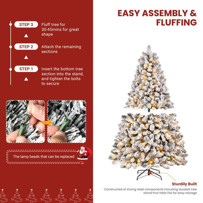 Transform Your Holiday Decor with Our Stunning Pre-Lit Snow Flocked Christmas Tree – Available in 4 to 9 Feet with Warm White Lights and Easy Foldable Stand!