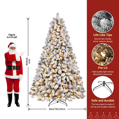 Transform Your Holiday Decor with Our Stunning Pre-Lit Snow Flocked Christmas Tree – Available in 4 to 9 Feet with Warm White Lights and Easy Foldable Stand!
