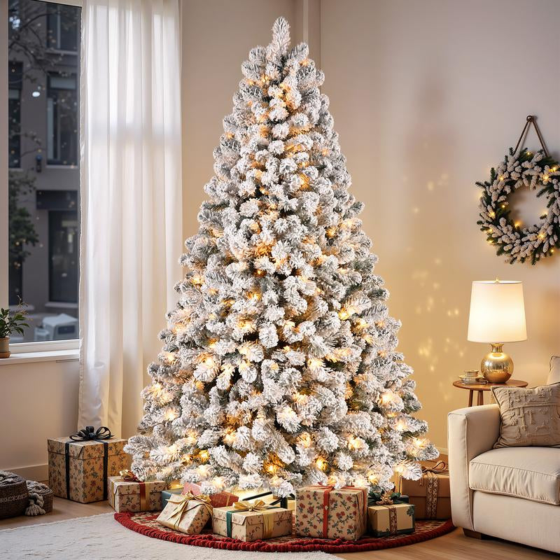 Transform Your Holiday Decor with Our Stunning Pre-Lit Snow Flocked Christmas Tree – Available in 4 to 9 Feet with Warm White Lights and Easy Foldable Stand!
