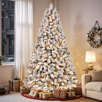 Transform Your Holiday Decor with Our Stunning Pre-Lit Snow Flocked Christmas Tree – Available in 4 to 9 Feet with Warm White Lights and Easy Foldable Stand!