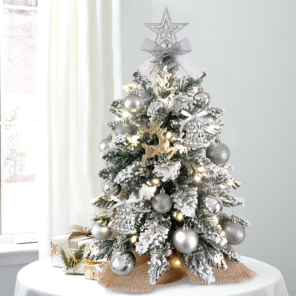Charming 2-Foot Mini Christmas Tree with Lights - Elegant Flocked Snow and Ornaments for Festive Home and Office Decor